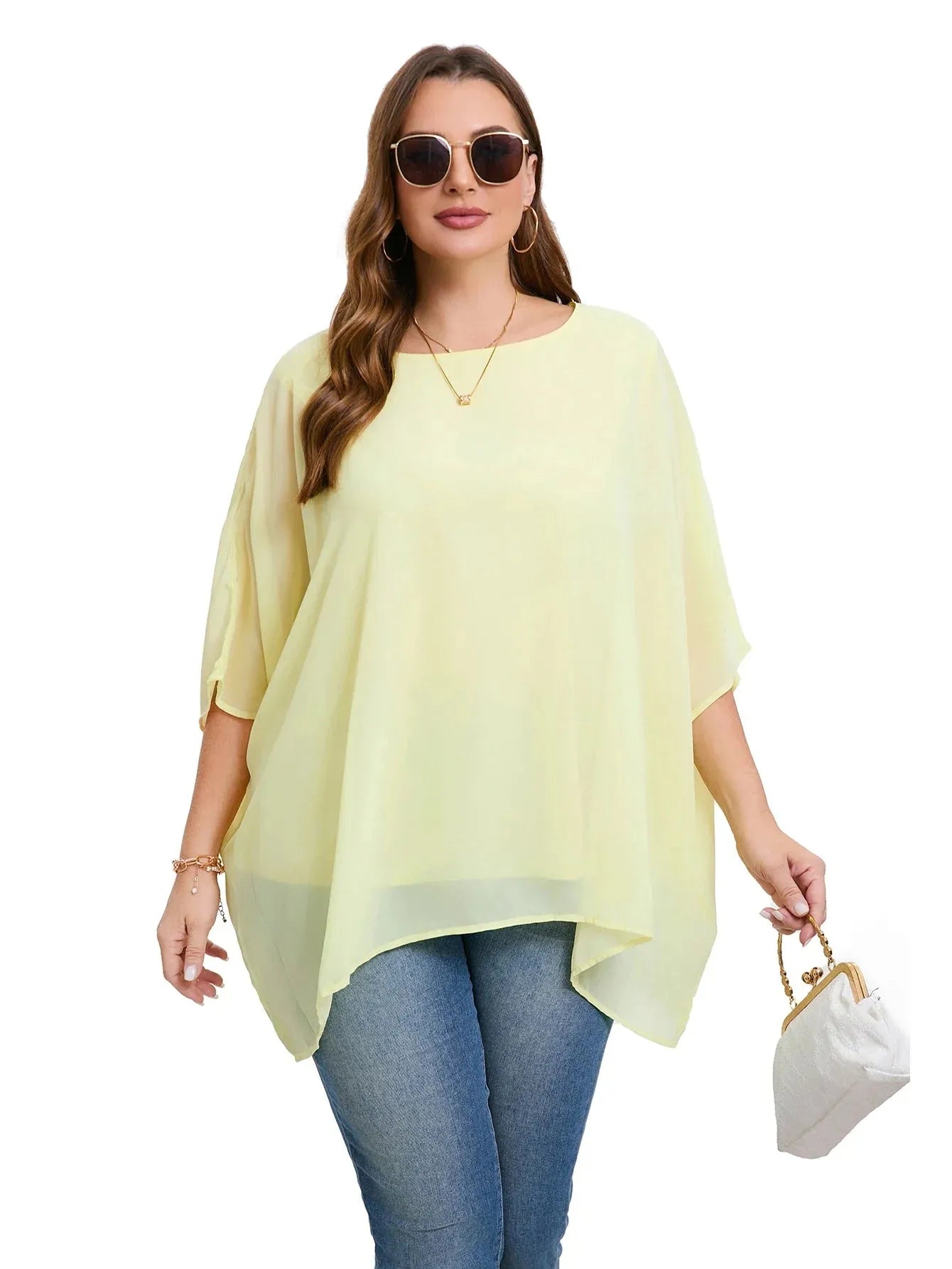 Womens Plus Size Elegant Summer Blouse Batwing Sleeve Oversized Chiffon Blouse Scoop Neck Large Size - Shop & Buy