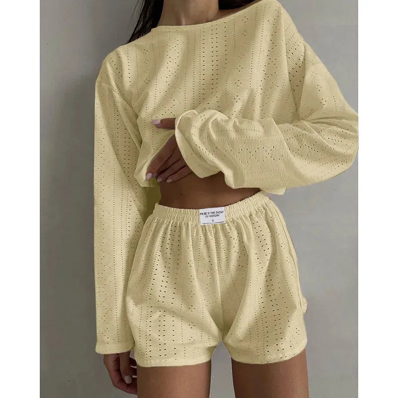 Women's Pajamas Set Spring Long Sleeve Tops With Shorts Sleepwear 2 Piece Set Loose Round Neck Home Wear - Shop & Buy