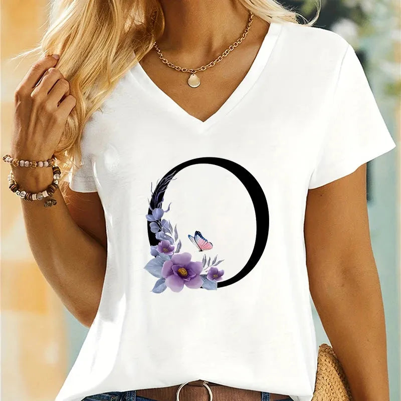 Women's Clothing A-Z 26 Alphabet Flower Premium Summer T-shirt - Shop & Buy