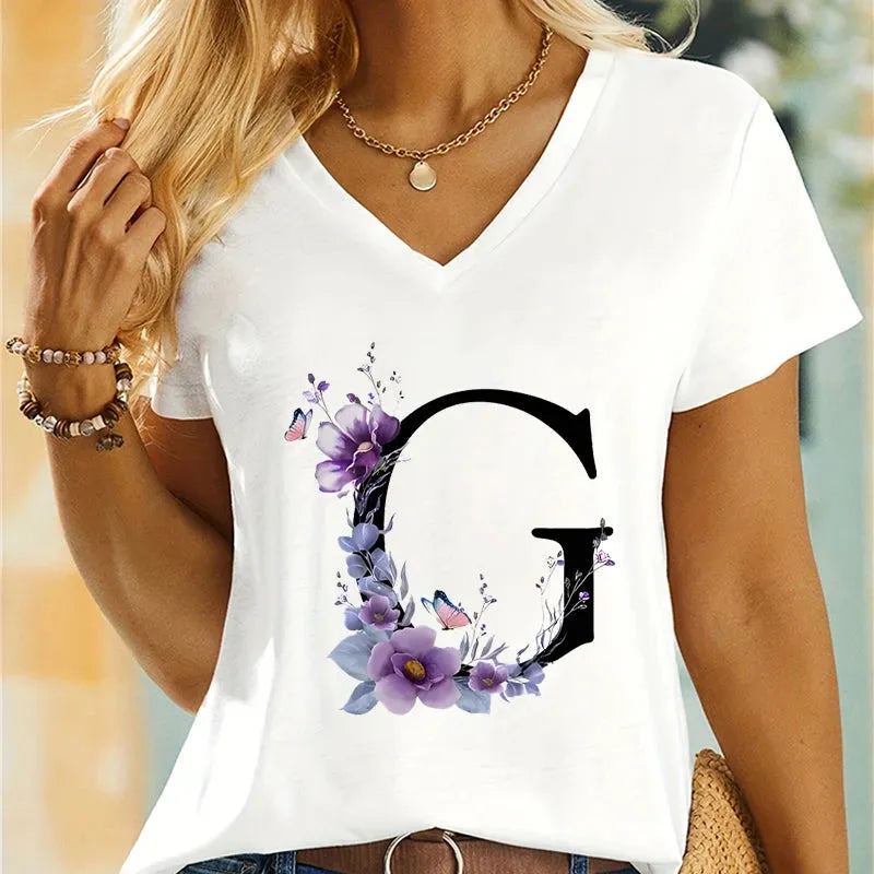 Women's Clothing A-Z 26 Alphabet Flower Premium Summer T-shirt - Shop & Buy