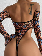 Load image into Gallery viewer, Sheer Mesh Sexy Bodysuits Leopard Butterfly Print Splice Pagoda Sleeve American Retro Streetwear Erotic Playsuits
