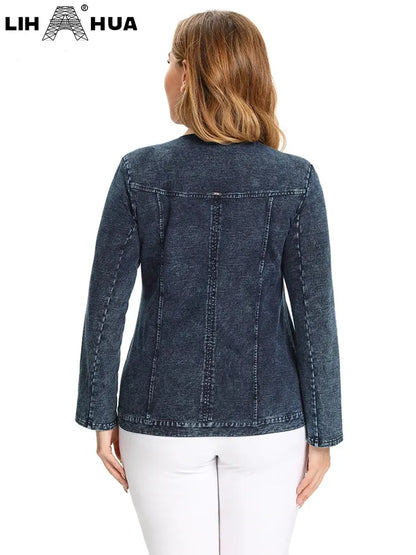 Women's Plus Size Denim Jacket Fall Casual Fashion Zipper Jacket High Stretch Cotton Knitted Denim - Shop & Buy