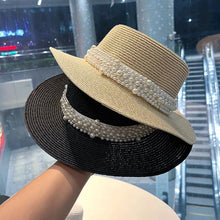 Load image into Gallery viewer, New Flat Top Straw Hat Pearl Decoration Leisure Summer Sunscreen Hat
