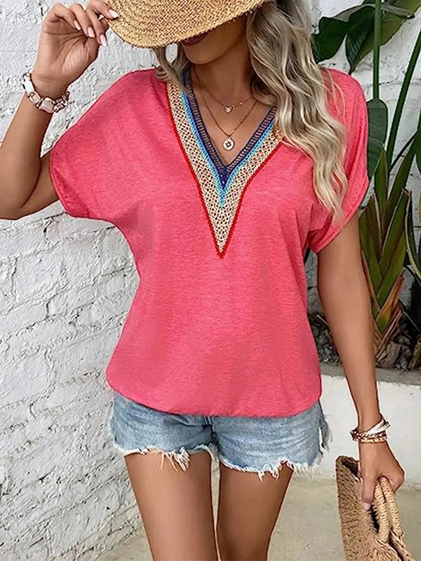 Women's Fashion Rainbow Lace Solid Short Sleeve T - Shop & Buy