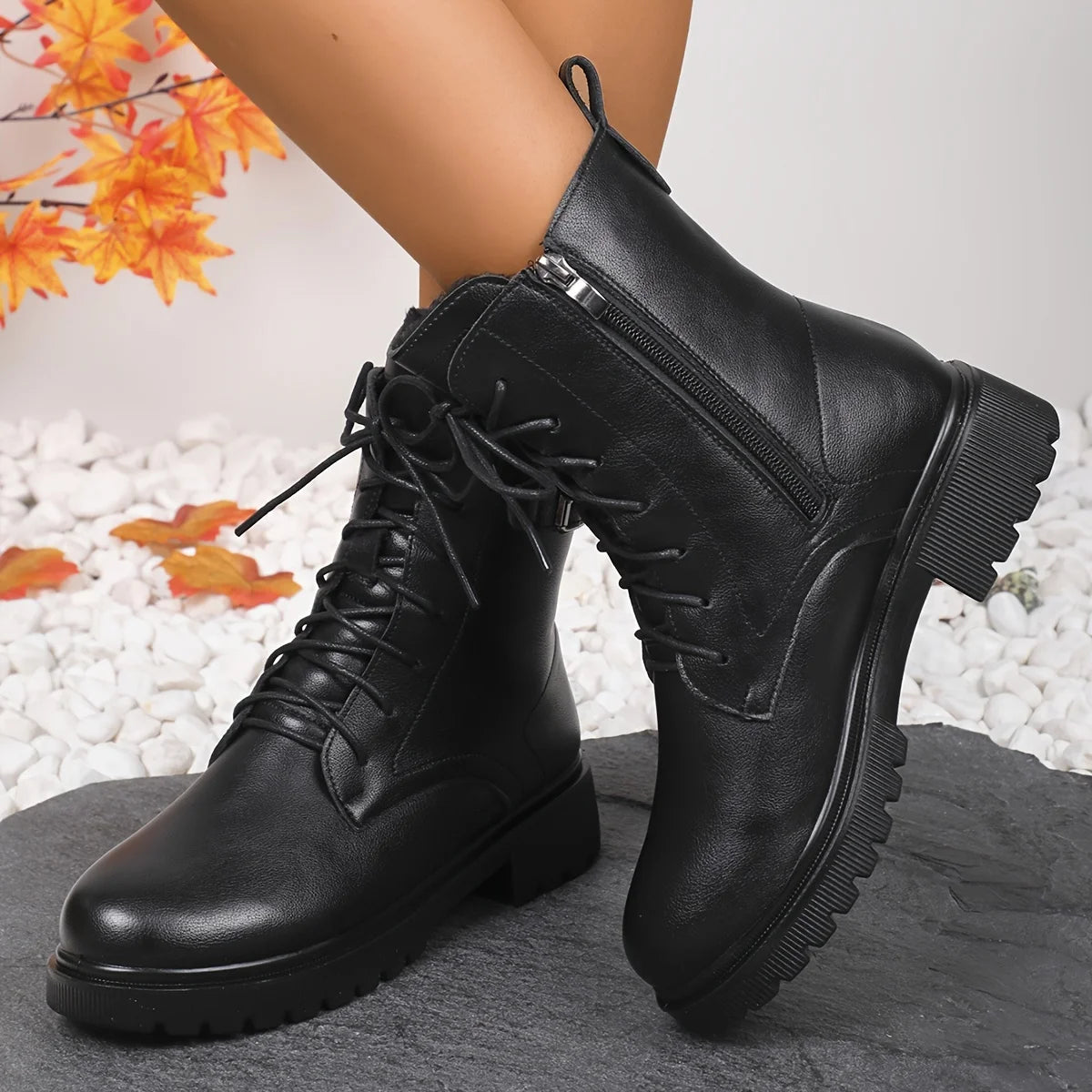 Women's Black Platform Ankle Boots Fashion Buckle Decor Lace Up Motorcycle Boots - Shop & Buy