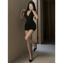 Load image into Gallery viewer, Women Sexy Halter Backless Slim V-neck Wrap Black Party Night Mini Dress
