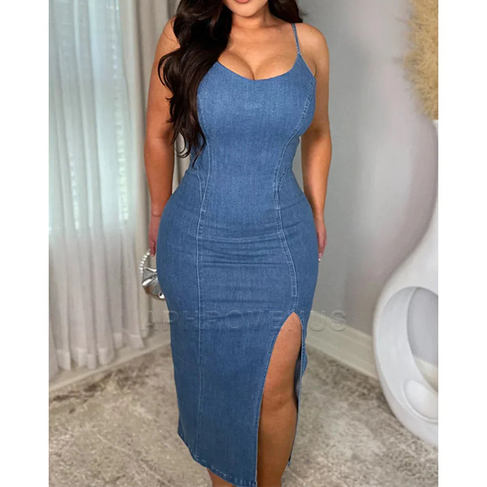 Women Sexy Blue Slit Denim Sheath A Line Pencil Party Streetwear Dress Y2K Backless Bodycon Jean Strap