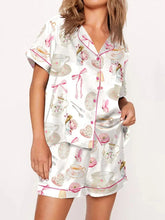 Load image into Gallery viewer, Women&#39;s Sweet Print Satin Pajama Set Summer Lapel Button Down Short Sleeve Tops + Elastic Waist Shorts
