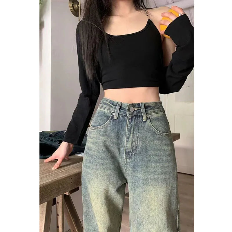 Vintage 90S Baggy Straight Denim Trousers Female Y2K High Waist Loose Wide Leg Jeans