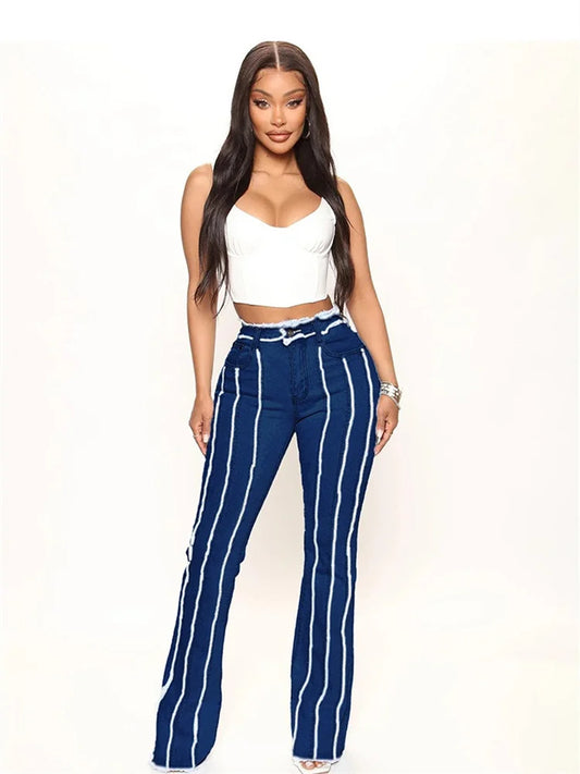 Women Straight Leg Blue Casual Stretch Washed Fringed Women's Long Jeans