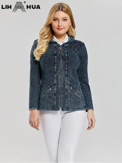 Women's Plus Size Hooded Denim Jacket Fall Stretch Cotton Knit Long Sleeve Casual Jacket - Shop & Buy