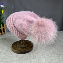 Load image into Gallery viewer, New Angora fur winter hat For Women children fox fur pompom hats Beanies Luxury Big size Bonnet
