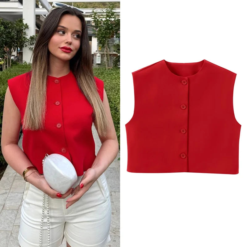 Solid Crop Vest Women Red Black White Vest Summer Fashion O-Neck Sleeveless Single-Breasted Waistcoat