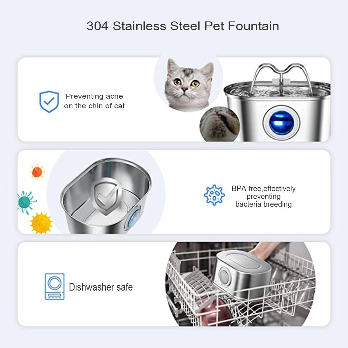 108oz/3.2L Cat Water Fountain, Stainless Steel Pets Cat Water Dispenser with LED Light Silent Pump Automatic Fountain for Cat Dog