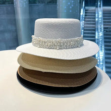 Load image into Gallery viewer, New Flat Top Straw Hat Pearl Decoration Leisure Summer Sunscreen Hat
