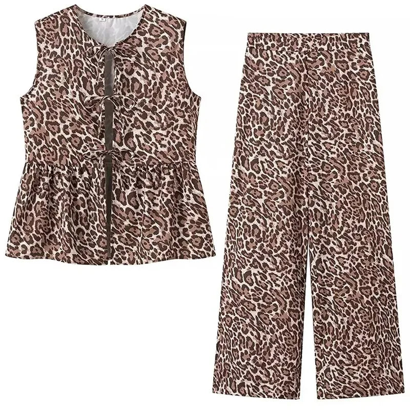 Leopard Print Bow Vest Women Tank Tops Summer Female Hollow Out O-Neck Sleeveless Lace-Up Top Fashion Street Vests