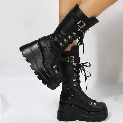 Women's Goth Platform Motorcycle Boots Punk Rivet Buckle Strap Combat Booties for Women Thick Bottom Wedge Heels Mid Calf Boots - Shop & Buy