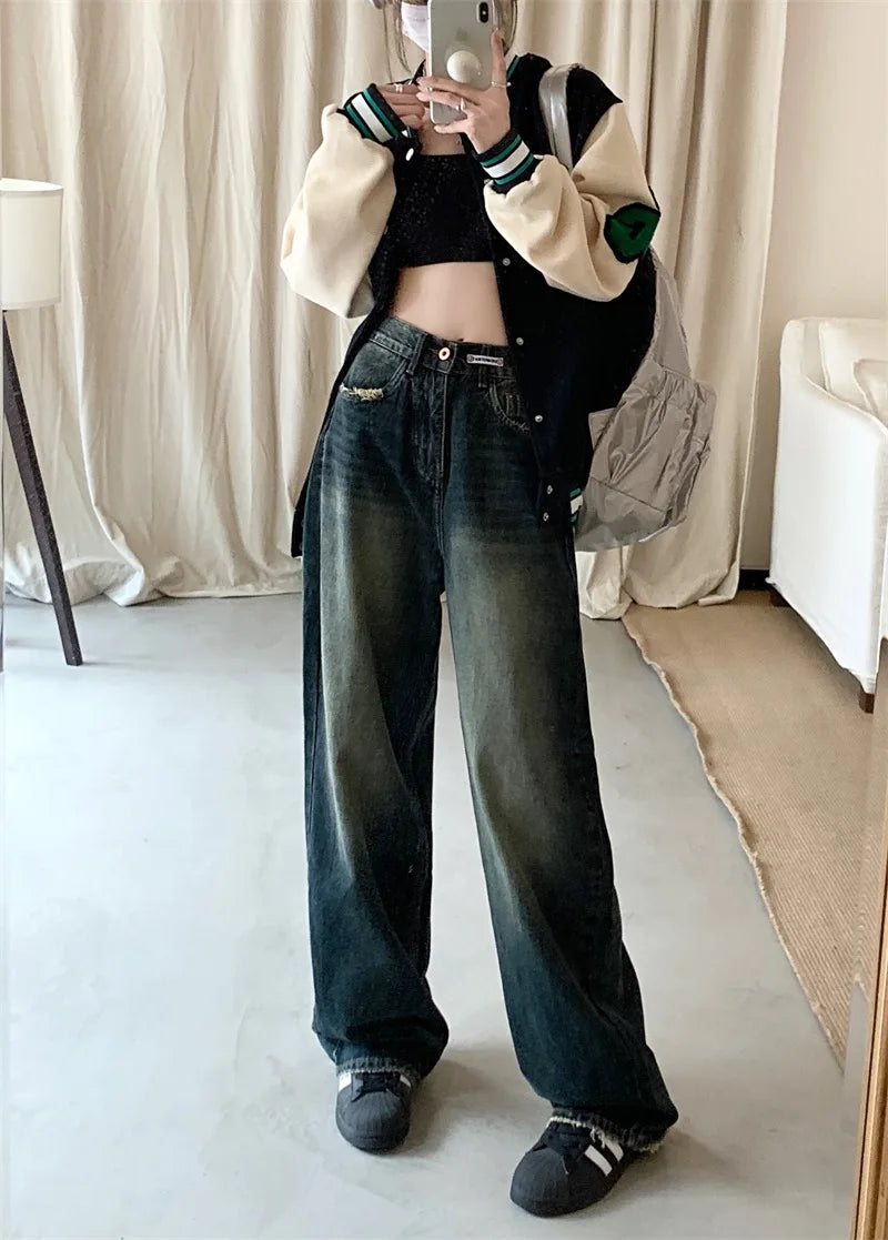 Women's Harajuku Style Loose Wide Leg Jeans Autumn Winter Street Fashion Retro Straight Loose Denim Trousers ﻿