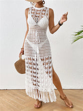 Load image into Gallery viewer, Fringe Tassel Beach Cover Up Women White Hollow Out Crochet Knitted Tunic Split Long Dress
