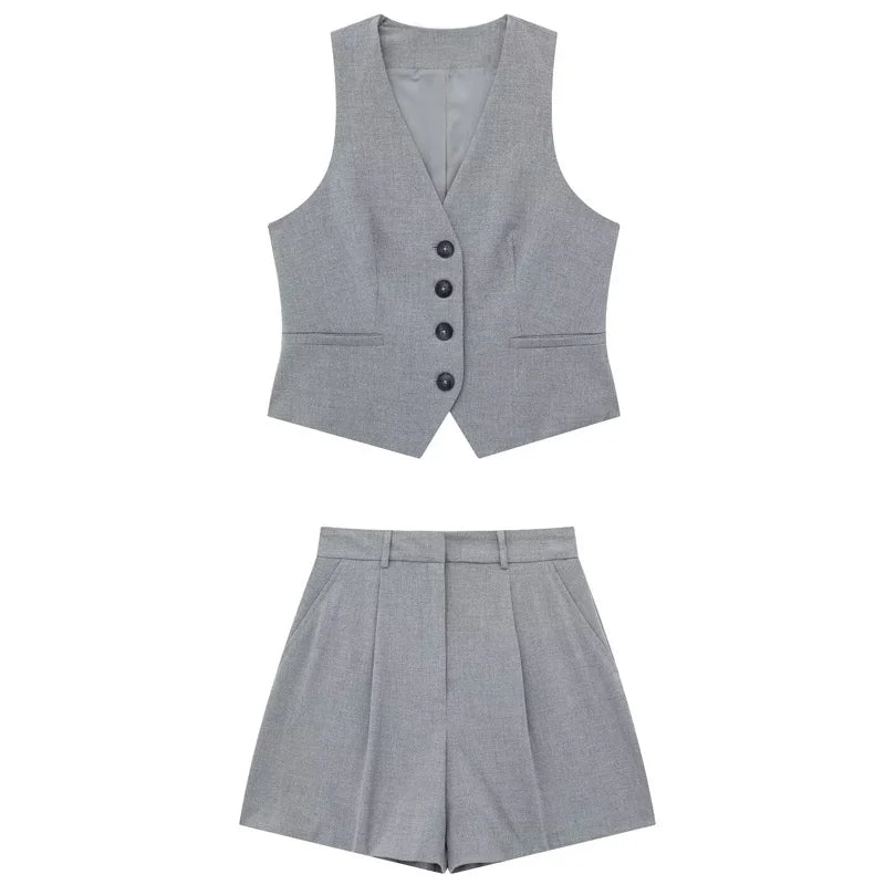 Sets For Women 2 Pieces Grey Short Sets New In Matching Sets Crop V-Neck Vests Pleated High Waist Shorts Tailoring Set