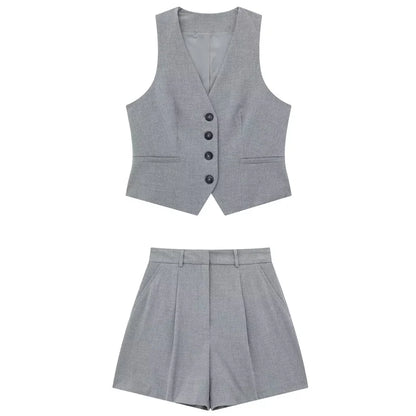 Sets For Women 2 Pieces Grey Short Sets New In Matching Sets Crop V-Neck Vests Pleated High Waist Shorts Tailoring Set