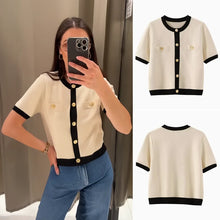 Load image into Gallery viewer, Summer New Ruili Sweet Contrast Color Round Neck Short Sleeve Knitted Cardigan
