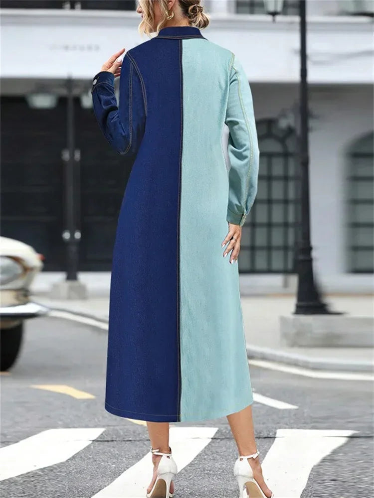 Plus Size Denim Dresses Women Long Sleeve Casual Button Pockets Pathwork Maxi Dress Fall Clothes