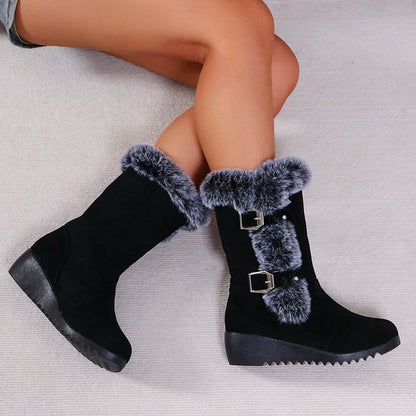 Women's Wedge Heeled Snow Boots Fashion Buckle Design Faux Fur Mid Calf Boots - Shop & Buy