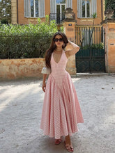 Load image into Gallery viewer, Fashion Pink Plaid Print Halter Dress Women Sexy V-neck Off Shoulder Pleated A-line Dresses
