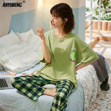 Load image into Gallery viewer, New Sleepwear Cartoon Cotton Pajamas for Women Long Pants Short Sleeved Summer Spring Loungewear
