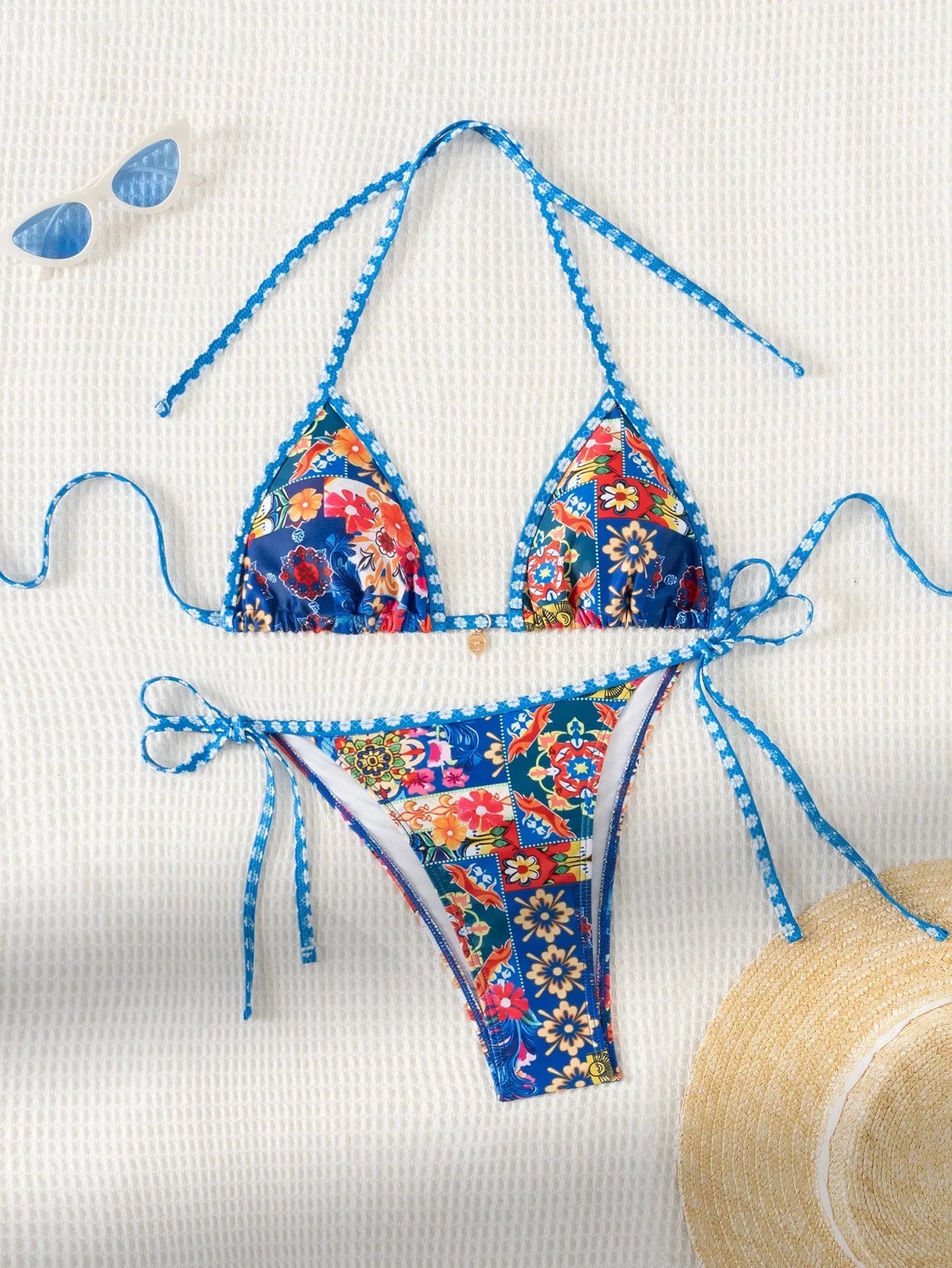 Women's Flower Print 2 Piece Swimsuit Sexy Halter Suspender Backless Blue Bikini Set - Shop & Buy