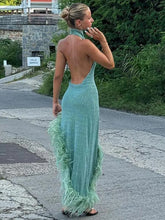 Load image into Gallery viewer, Sexy Backless Irregular Feather Hem Long Dress Women Fashion Sleeveless Bodycon Halter Dresses
