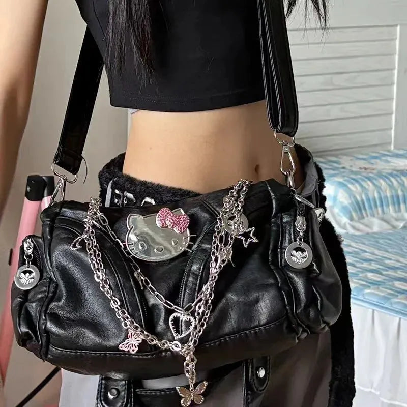 Y2k Hello Kitty Shoulder Bag for Women Gothic Chains Black Motorcycle Handbag - Shop & Buy