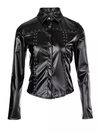 Fashionable Soft Collar Leather Shirt with Waist Cinching Long Sleeved Leather Top