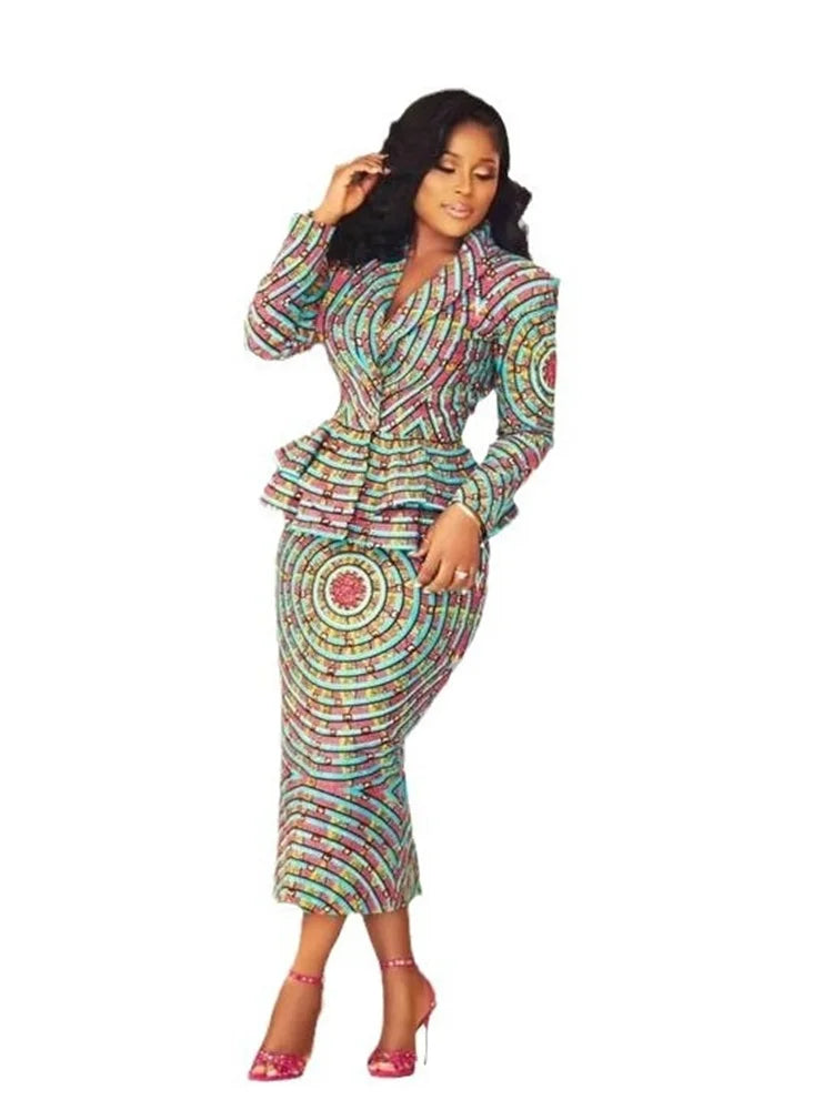 Two Piece Set Women Sexy Slim Fit Printed Suit Long Sleeved Top Hip Hugging Skirt Set