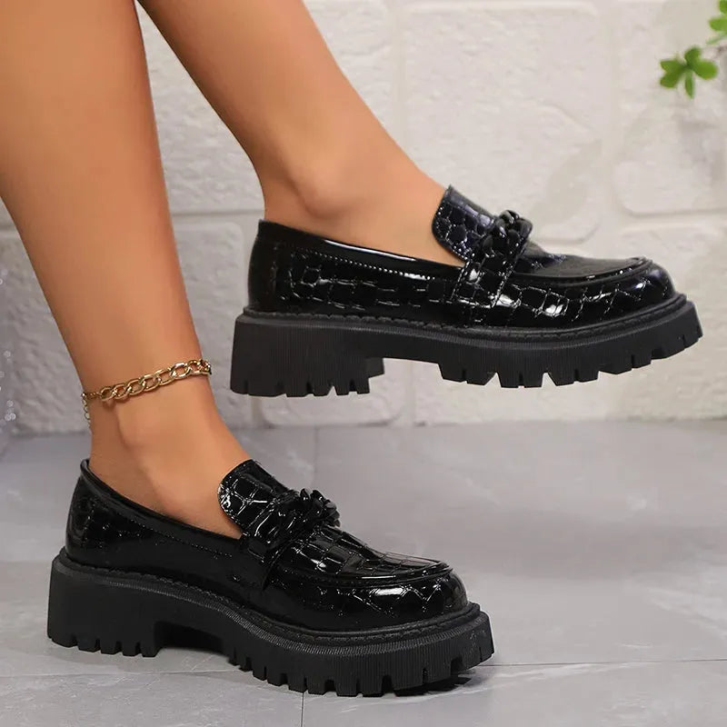 Women's Chain Decor Platform Loafers Fashion Black Patent Leather Dress Shoes Woman Comfortable Slip On Flat Shoes - Shop & Buy