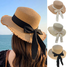 Load image into Gallery viewer, Bow Ribbon Straw Cover Cap Women Wide Brim Soft Top Sun Protection Hat Summer Sunshade Visors
