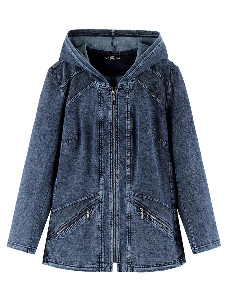 Women's Plus Size Hooded Denim Jacket Fall Stretch Cotton Knit Long Sleeve Casual Jacket - Shop & Buy