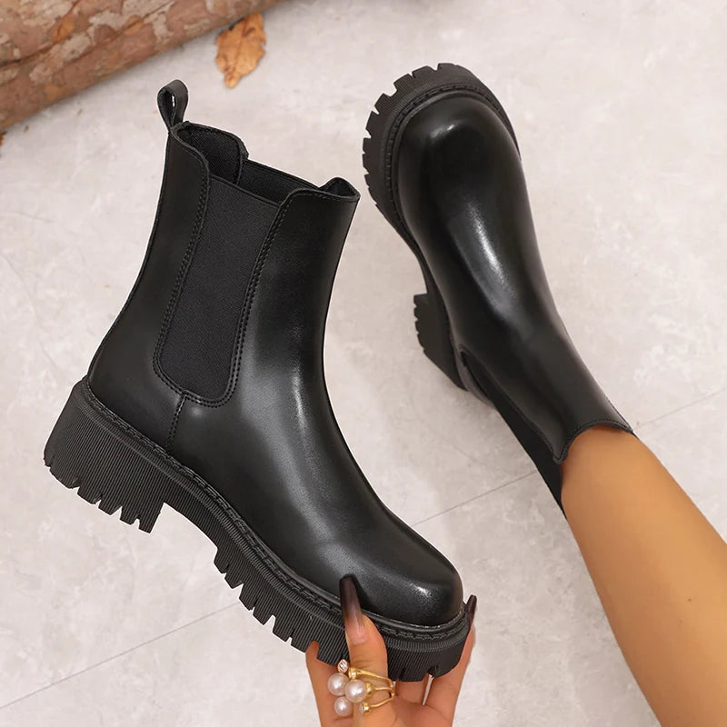 Women's Platform Black Chelsea Boots Fashion Round Toe Elastic Slip On Short Boots - Shop & Buy