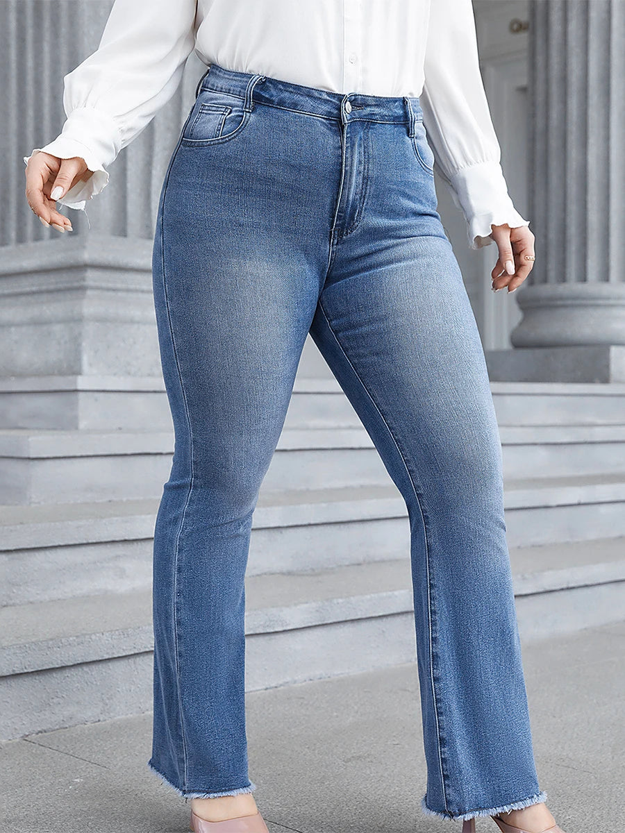 Women Plus Size High Waist Flared Jeans with Frayed Hemline Mid-Rise Denim Pants for Spring and Fall Stylish and