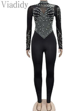 Load image into Gallery viewer, Pearls Rhinestone Romper for Women Jumpsuits Mesh See Through Skinny One Piece Overalls
