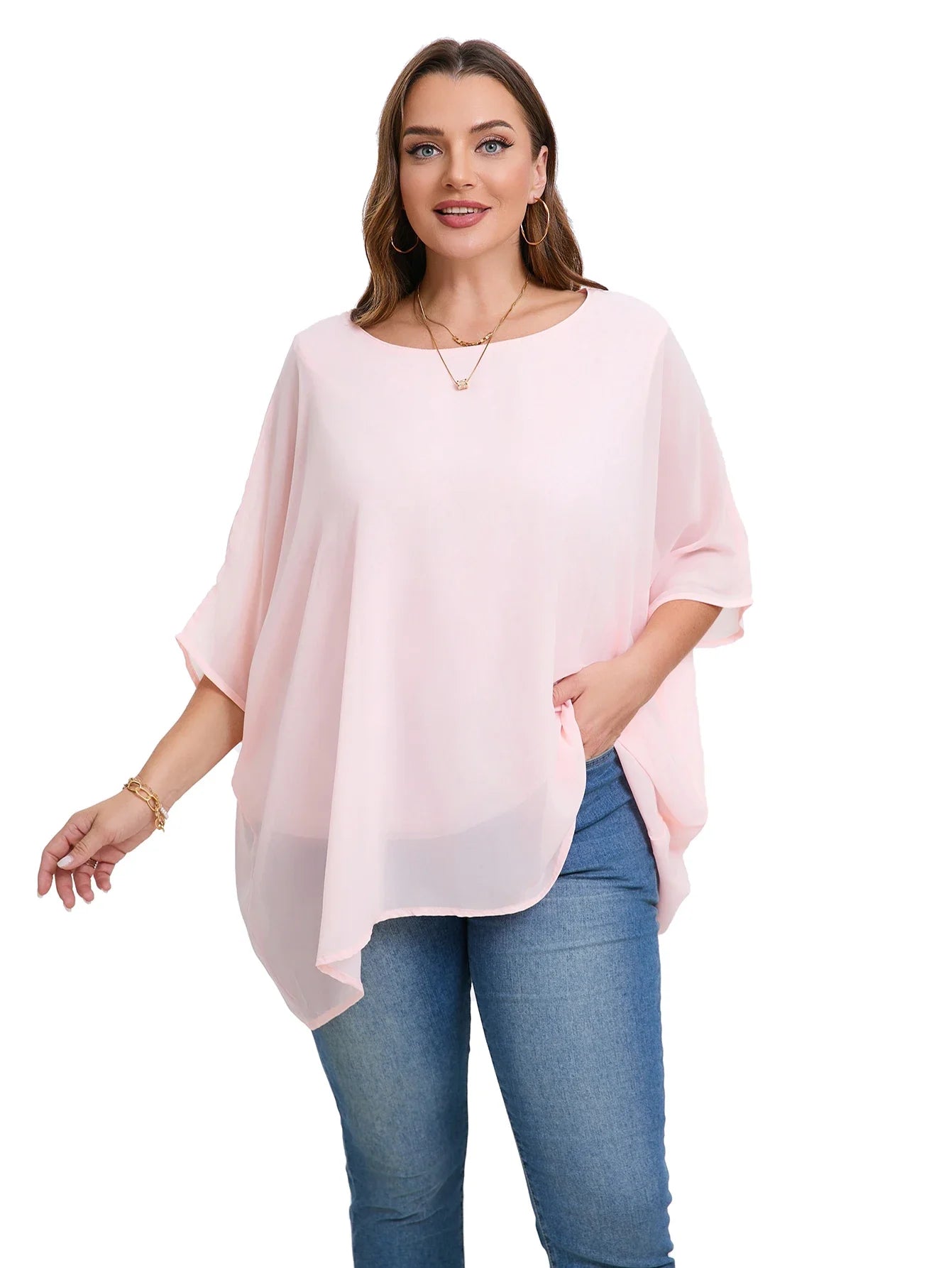 Womens Plus Size Elegant Summer Blouse Batwing Sleeve Oversized Chiffon Blouse Scoop Neck Large Size Casual Tunic Top Shirt 6XL - Shop & Buy