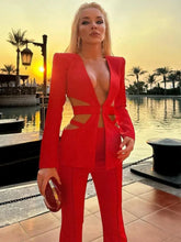 Load image into Gallery viewer, Sexy V Neck Long Sleeve Blazer Two Piece Set Women Red Cutout  Slim Fit Jacket Flare Trousers Two Piece Pants Suit
