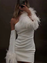 Load image into Gallery viewer, Elegant White Feather Patchwork Mini Dress Fashion Single Shoulder Backless Long Sleeve Vestidos
