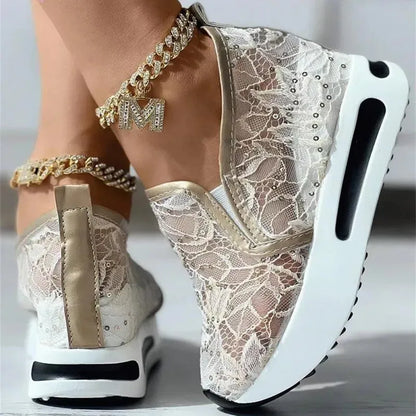 Women's Sneakers Floral Embroidery Mesh Sneakers for Women Slip on Casual Comfy Heeled Shoes - Shop & Buy