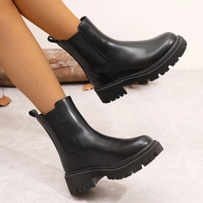 Women's Platform Black Chelsea Boots Fashion Round Toe Elastic Slip On Short Boots - Shop & Buy