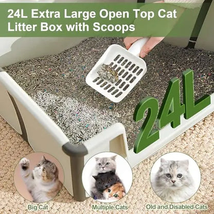 Tall Open Top Cat Litter Box with High Sides and Scoop Portable and Foldable Large Size for Multiple Cats or Big Cat Home Use