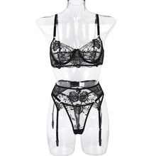 Load image into Gallery viewer, Sexy Lingerie Mesh See-Through Thong and Bra Luxury Tulle Embroidered Flower Lace Lingerie Garter Set
