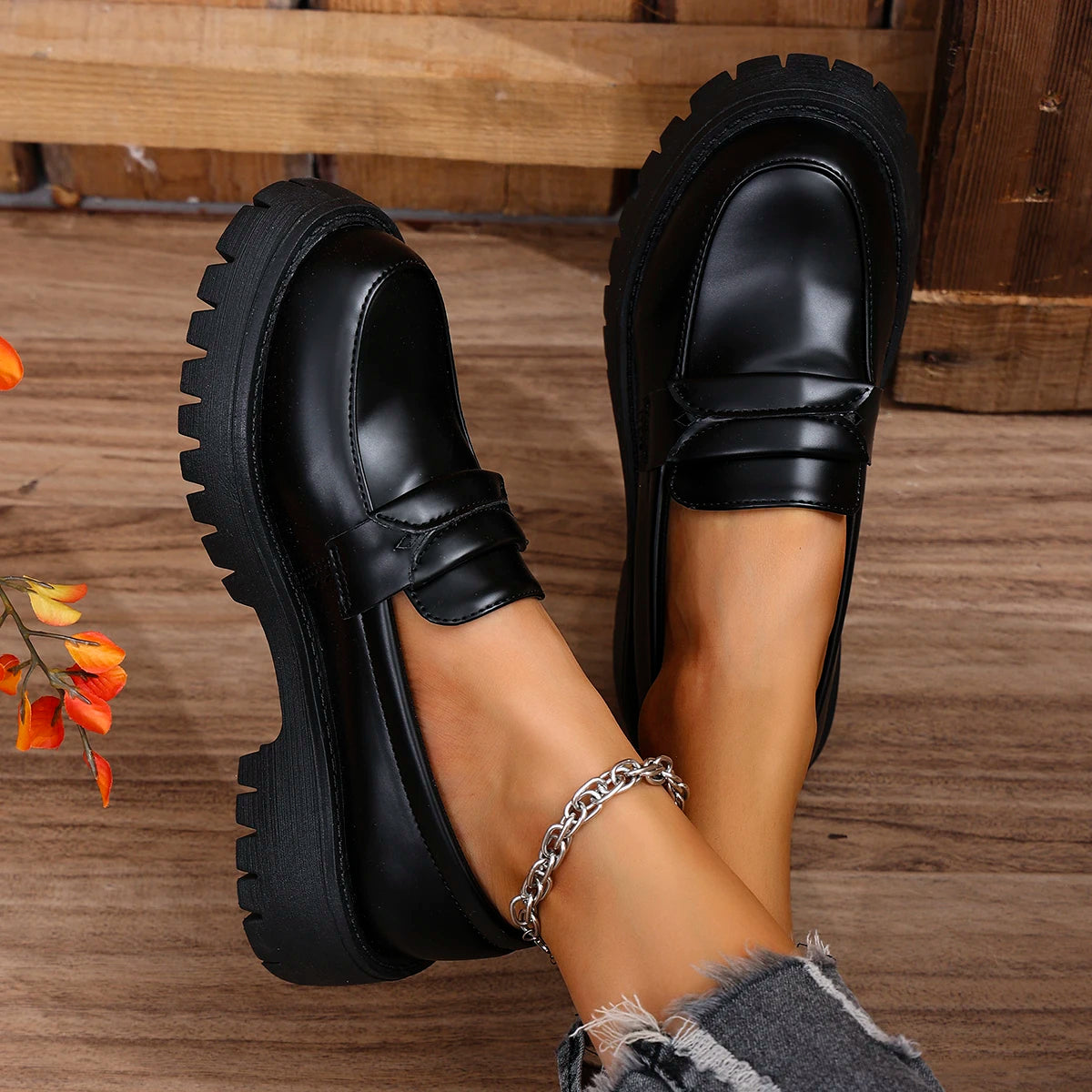 Rimocy Solid Color Platform Loafers Shoes for Women Spring New Black Pu Leather Flats Woman Comfortable Slip On Boat Shoes