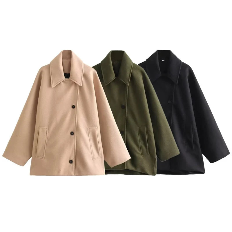 Loose Tweed Coat Women's Bomber Jacket Green Black Khaki Caot Button Up Oversize Long Sleeve Top Fashion Casual Outerwears